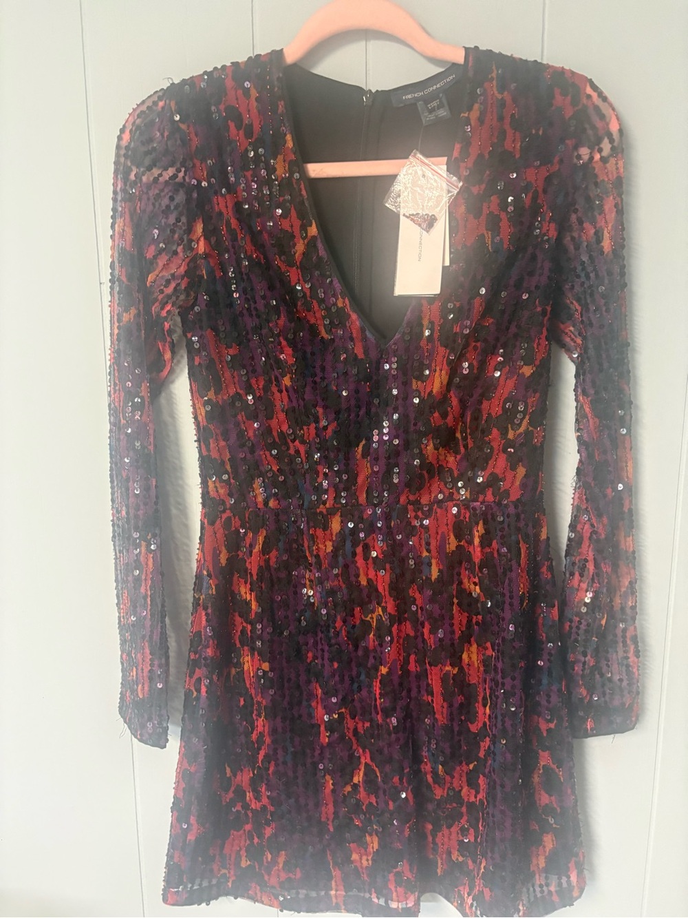 French Connection Multi-Color Sequin Long Sleeve V-Neck Dress